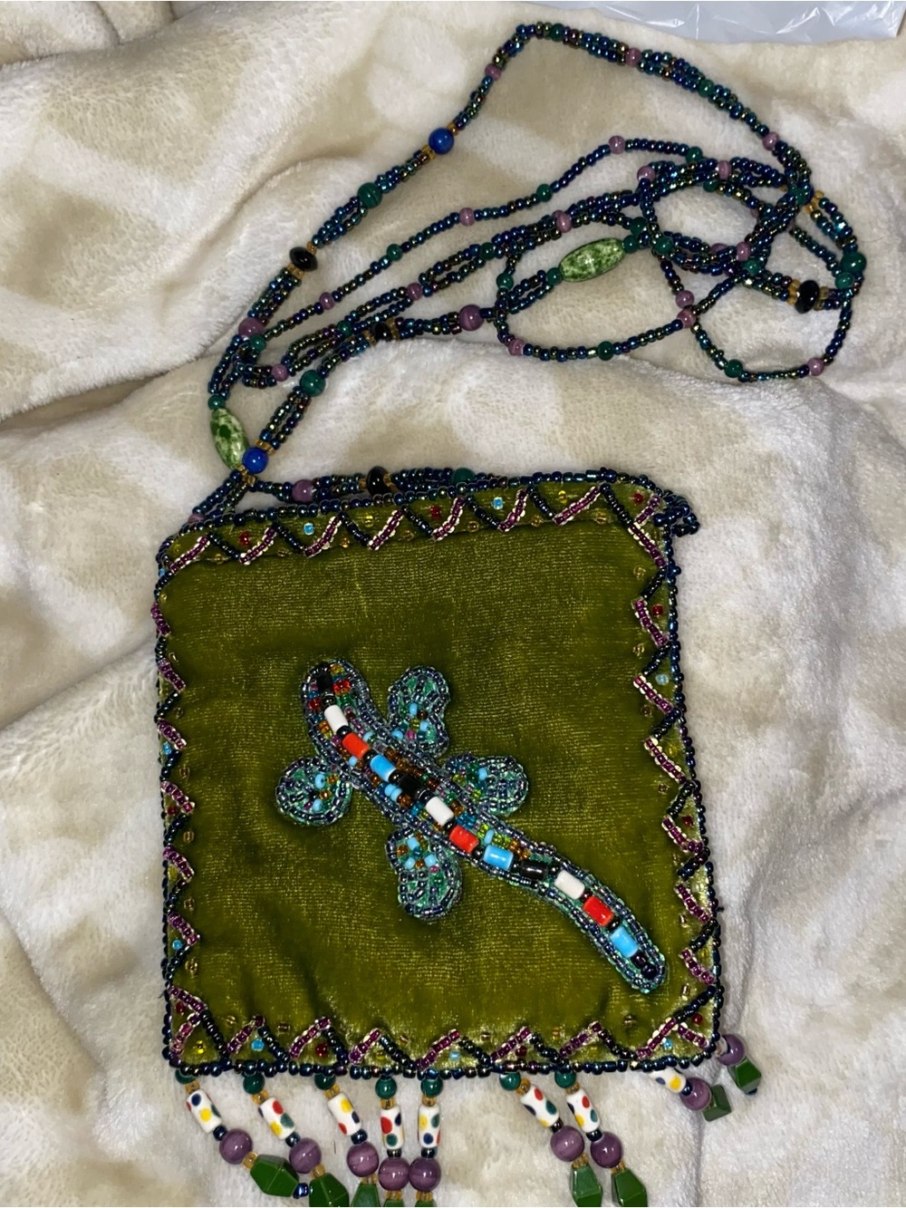 Beaded Green Velvet Crossbody Pouch with Lizard Motif